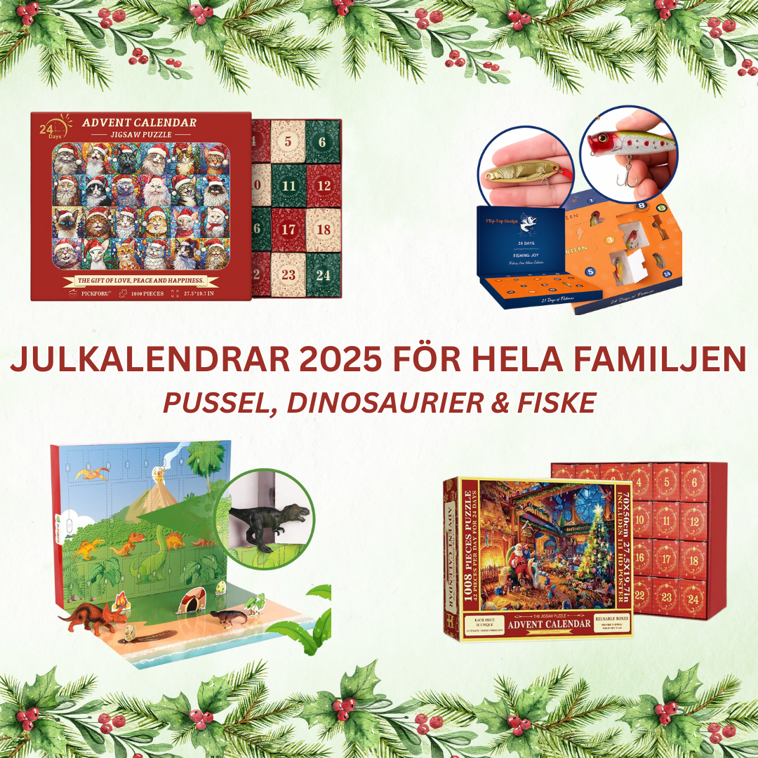 Adventskalendrar 2025 för hela familjen- fiske, pussel och dinosaurier